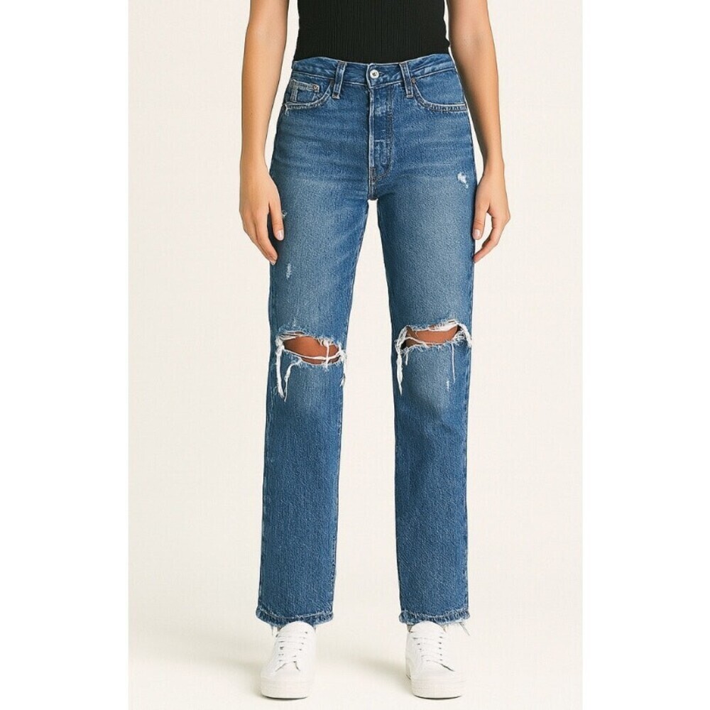 Lucky Brand jeans straight leg distressed knee & Hem line SZ 26" SZ 2 mid rise